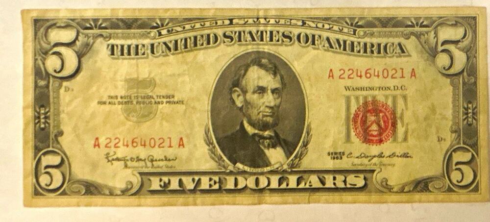1963 $5 Red Seal United States Note Legal Tender FR 1536 Granahan Dillon